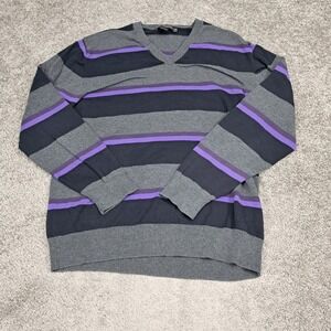 French Connection Mens XXL Striped V-Neck Cotton Sweater Grey Purple RN53372